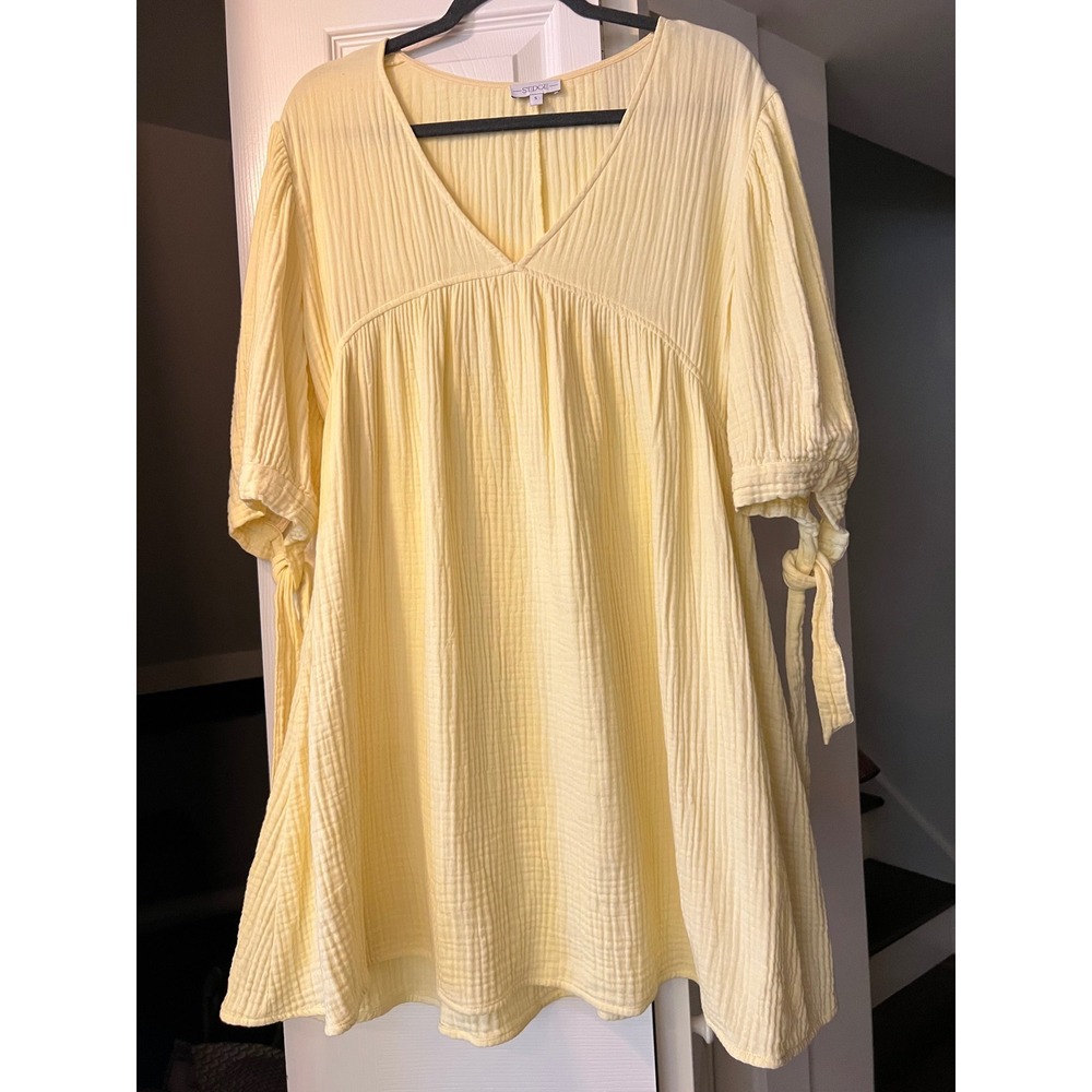 S'edge Pale Yellow‎ 100% Cotton GauzeTie Sleeve Babydoll Mini Dress Womens Small